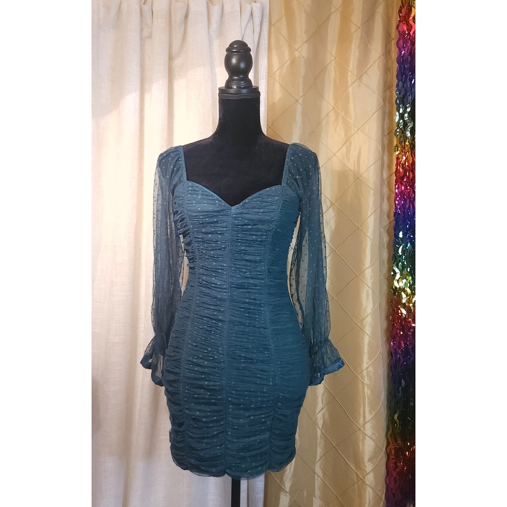 Y2K Ruched Teal Green Dress by Haute Monde, Puff Sleeve Bell Wrist